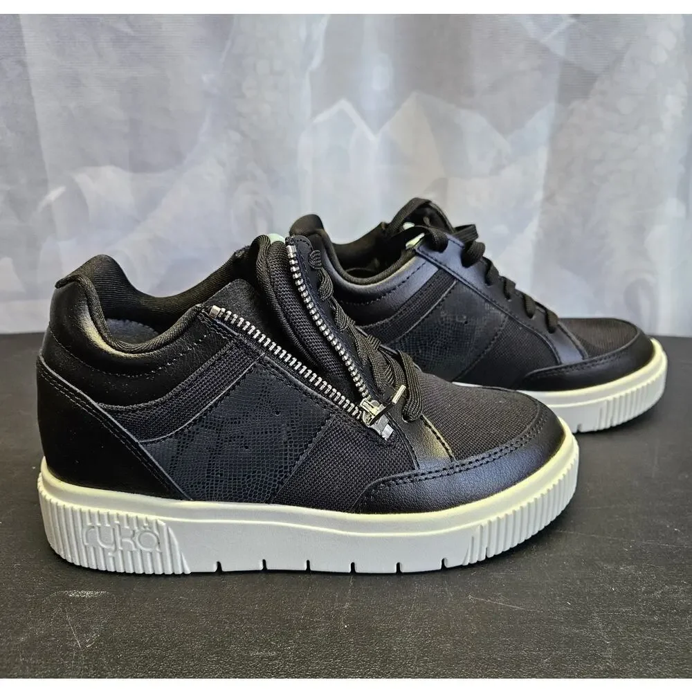 Ryka Victory Leather Wedge Sneaker Side Zip Black Women US 5M Platform Shoes NIB
